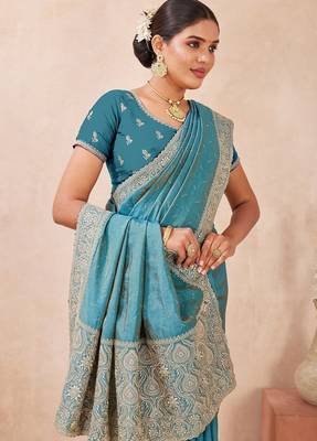 firozi color kesariya two tone silk blend embroidered saree 5