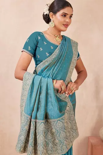 firozi color kesariya two tone silk blend embroidered saree