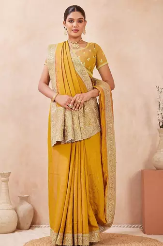 musturd color kesariya two tone silk blend embroidered saree