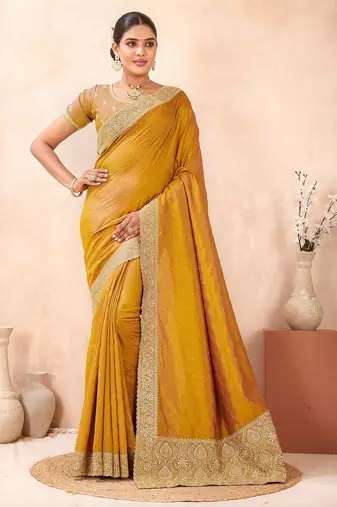 musturd color kesariya two tone silk blend embroidered saree