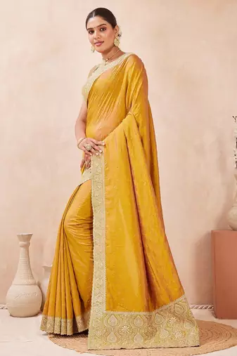 musturd color kesariya two tone silk blend embroidered saree