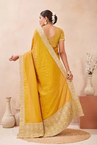 musturd color kesariya two tone silk blend embroidered saree