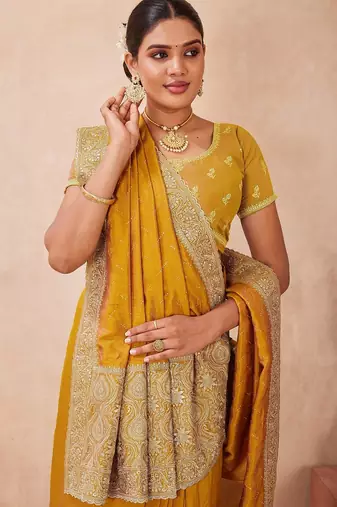 musturd color kesariya two tone silk blend embroidered saree