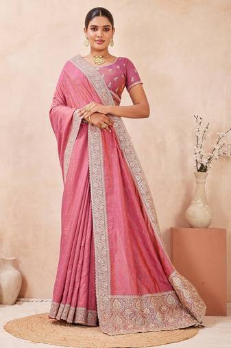 gajri color kesariya two tone silk blend embroidered saree