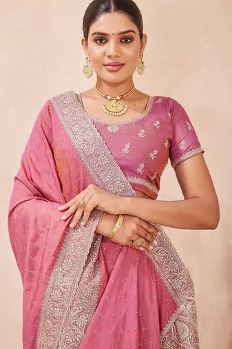 gajri color kesariya two tone silk blend embroidered saree