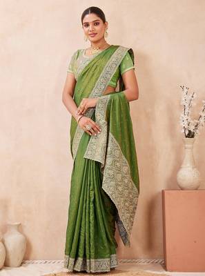 mehandi color kesariya two tone silk blend embroidered saree 1