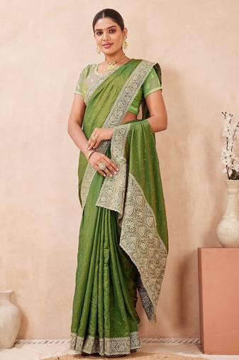 mehandi color kesariya two tone silk blend embroidered saree