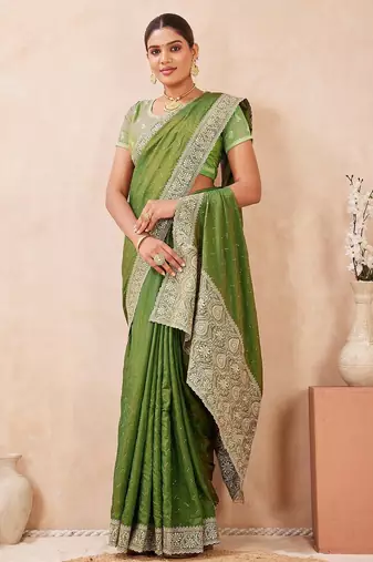 mehandi color kesariya two tone silk blend embroidered saree