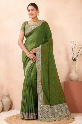 mehandi color kesariya two tone silk blend embroidered saree