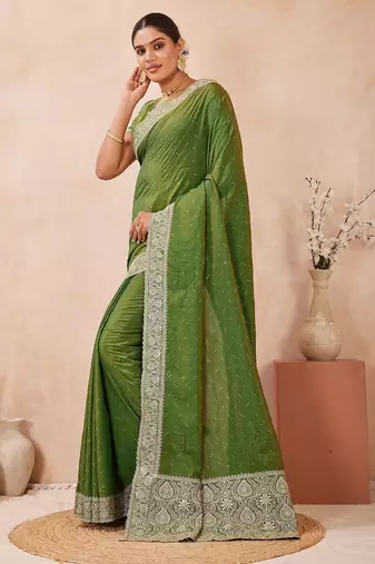 mehandi color kesariya two tone silk blend embroidered saree