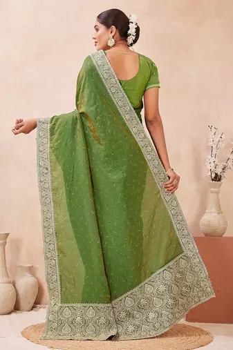 mehandi color kesariya two tone silk blend embroidered saree