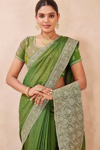 mehandi color kesariya two tone silk blend embroidered saree