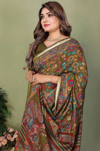 Mehendi Color Kalamkari Print Cotton Saree 