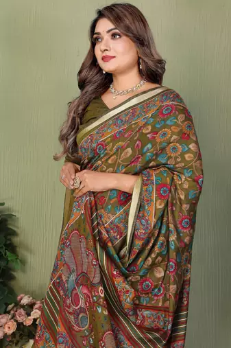Mehendi Color Kalamkari Print Cotton Saree 
