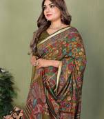 Mehendi Color Kalamkari Print Cotton Saree 