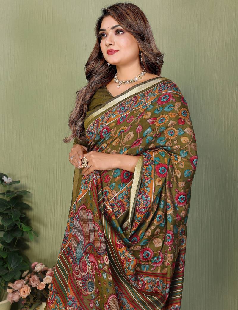 Mehendi Color Kalamkari Print Cotton Saree 