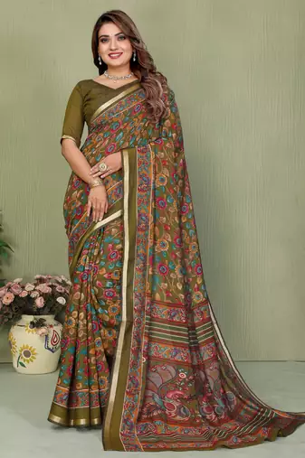 Mehendi Color Kalamkari Print Cotton Saree 