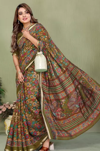 Mehendi Color Kalamkari Print Cotton Saree 