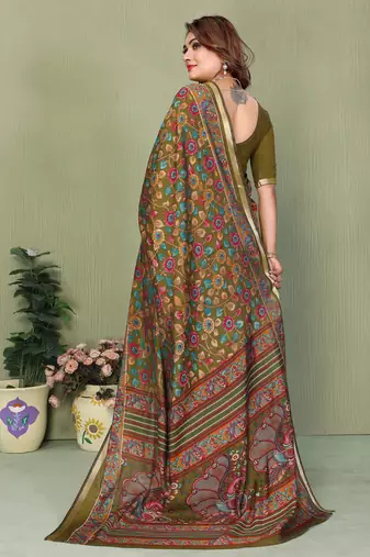 Mehendi Color Kalamkari Print Cotton Saree 