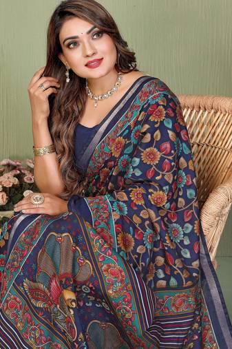 Navy Blue Color Kalamkari Print Cotton Saree 