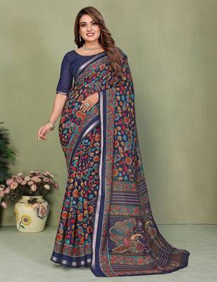 Navy Blue Color Kalamkari Print Cotton Saree  2