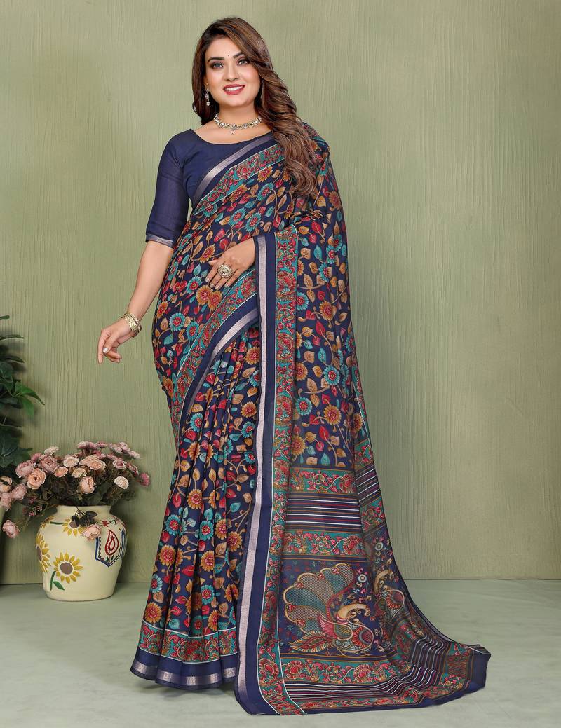 Navy Blue Color Kalamkari Print Cotton Saree 