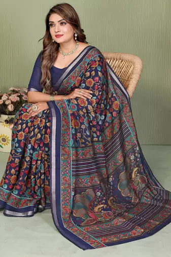 Navy Blue Color Kalamkari Print Cotton Saree 