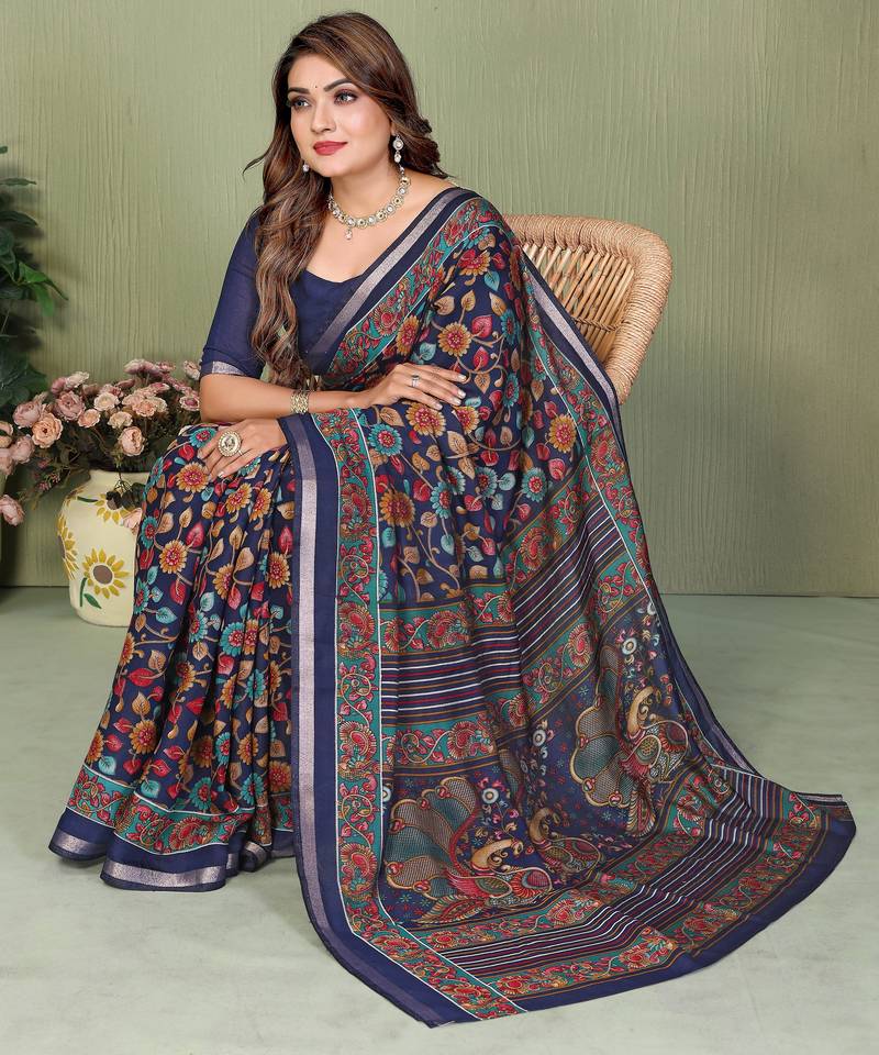 Navy Blue Color Kalamkari Print Cotton Saree 
