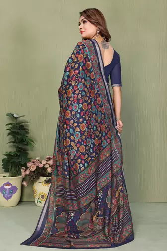 Navy Blue Color Kalamkari Print Cotton Saree 