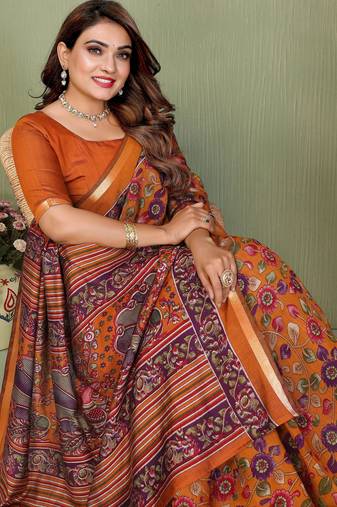 Orange Color Kalamkari Print Cotton Saree 