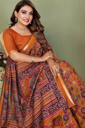 Orange Color Kalamkari Print Cotton Saree 