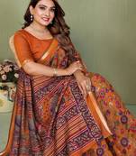 Orange Color Kalamkari Print Cotton Saree 