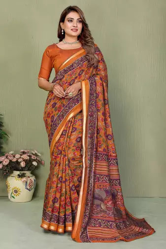 Orange Color Kalamkari Print Cotton Saree 