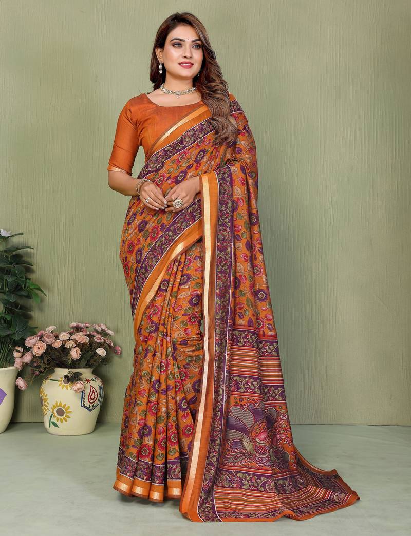 Orange Color Kalamkari Print Cotton Saree 