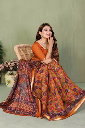 Orange Color Kalamkari Print Cotton Saree 