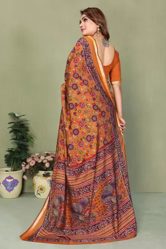 Orange Color Kalamkari Print Cotton Saree 