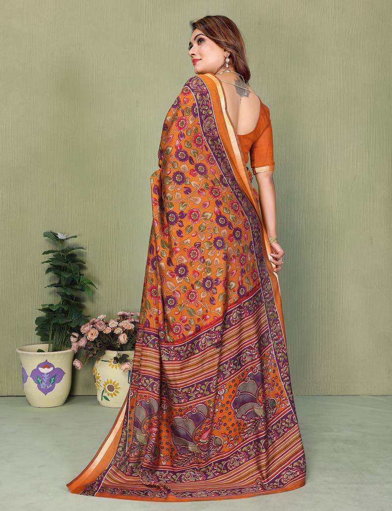 Orange Color Kalamkari Print Cotton Saree 