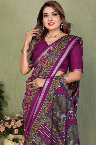 Plum Color Kalamkari Print Cotton Saree 