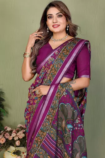 Plum Color Kalamkari Print Cotton Saree 