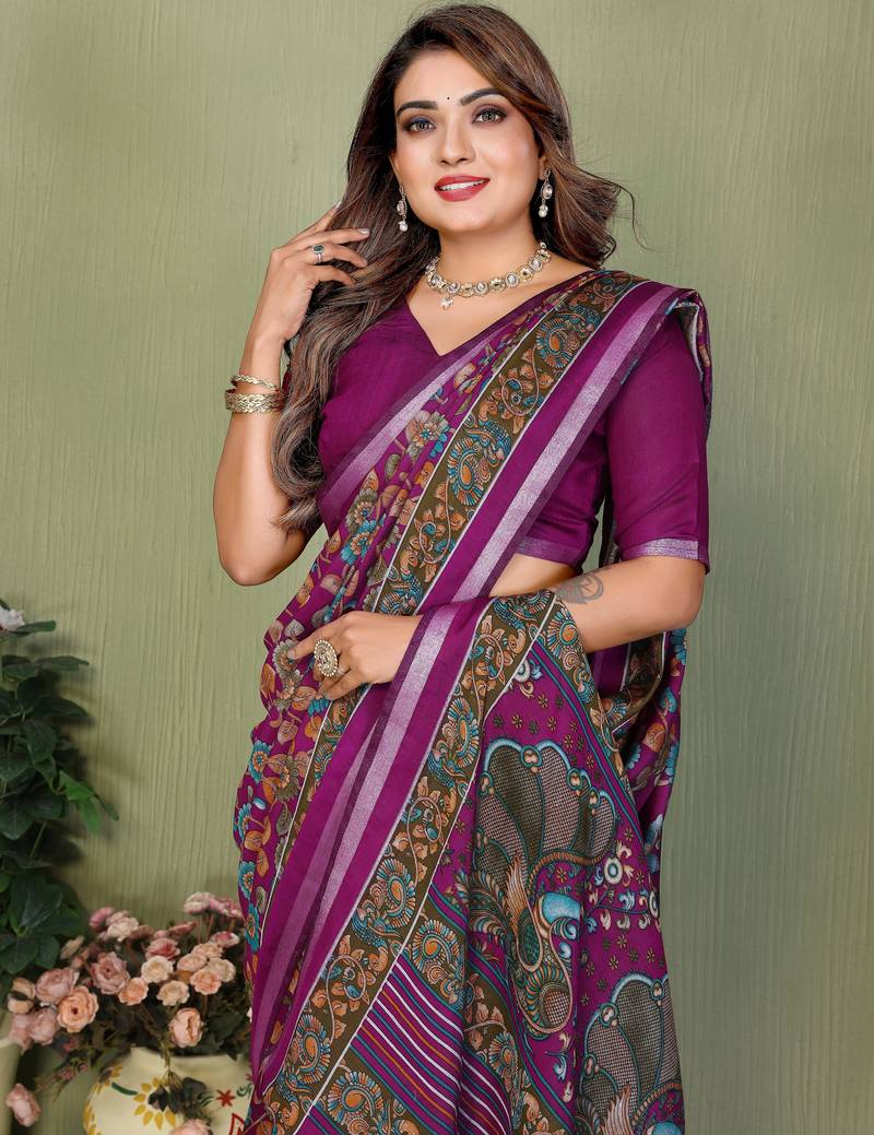 Plum Color Kalamkari Print Cotton Saree 