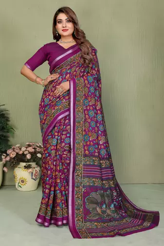 Plum Color Kalamkari Print Cotton Saree 