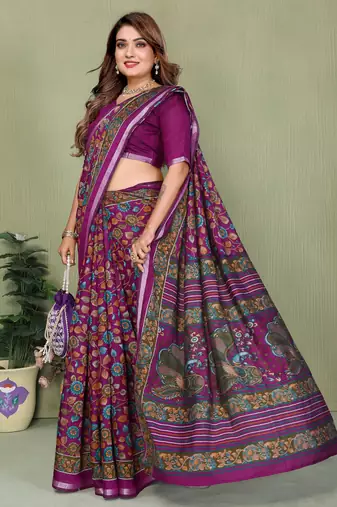 Plum Color Kalamkari Print Cotton Saree 