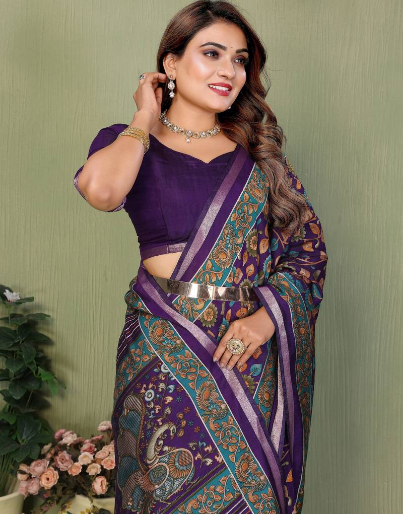 Purple Color Kalamkari Print Cotton Saree 