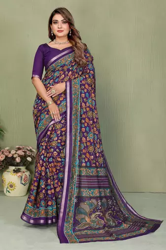 Purple Color Kalamkari Print Cotton Saree 