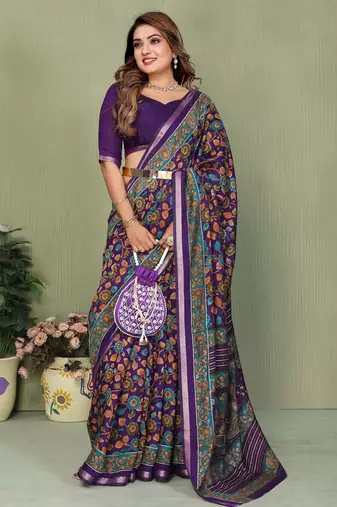 Purple Color Kalamkari Print Cotton Saree 
