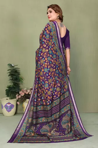 Purple Color Kalamkari Print Cotton Saree 