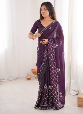 Purple fendy satin with beads embroidered work with stone border work saree with unstitched blouse 1