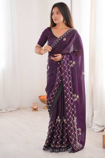 Purple fendy satin with beads embroidered work with stone border work saree with unstitched blouse
