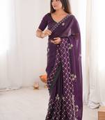 Purple fendy satin with beads embroidered work with stone border work saree with unstitched blouse