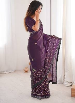 Purple fendy satin with beads embroidered work with stone border work saree with unstitched blouse 2